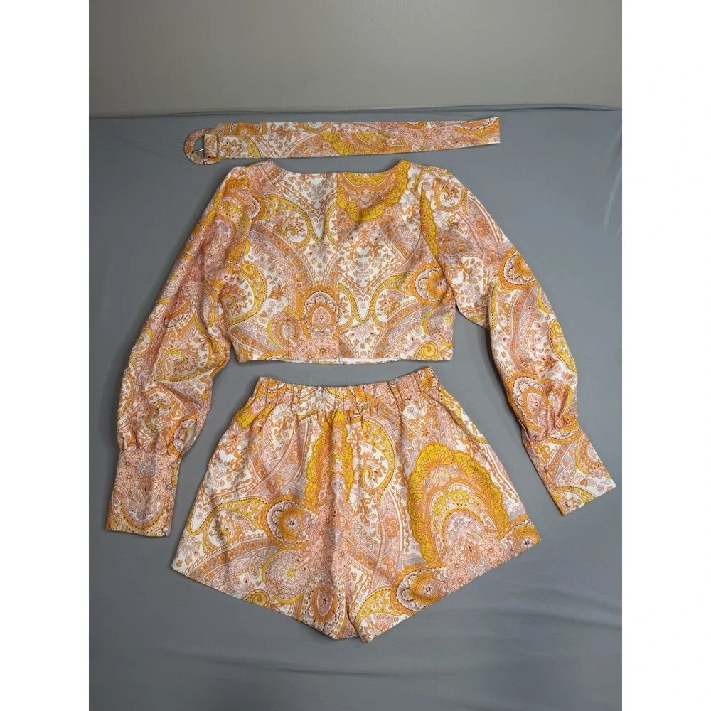 Mulla Linen Paisley Crop Top and Shorts Set L Orange White W/Belt Lined Party